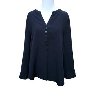 Habitat Black Button Front Tunic Top Boxy Relaxed Lagenlook Button Cuff Sz M